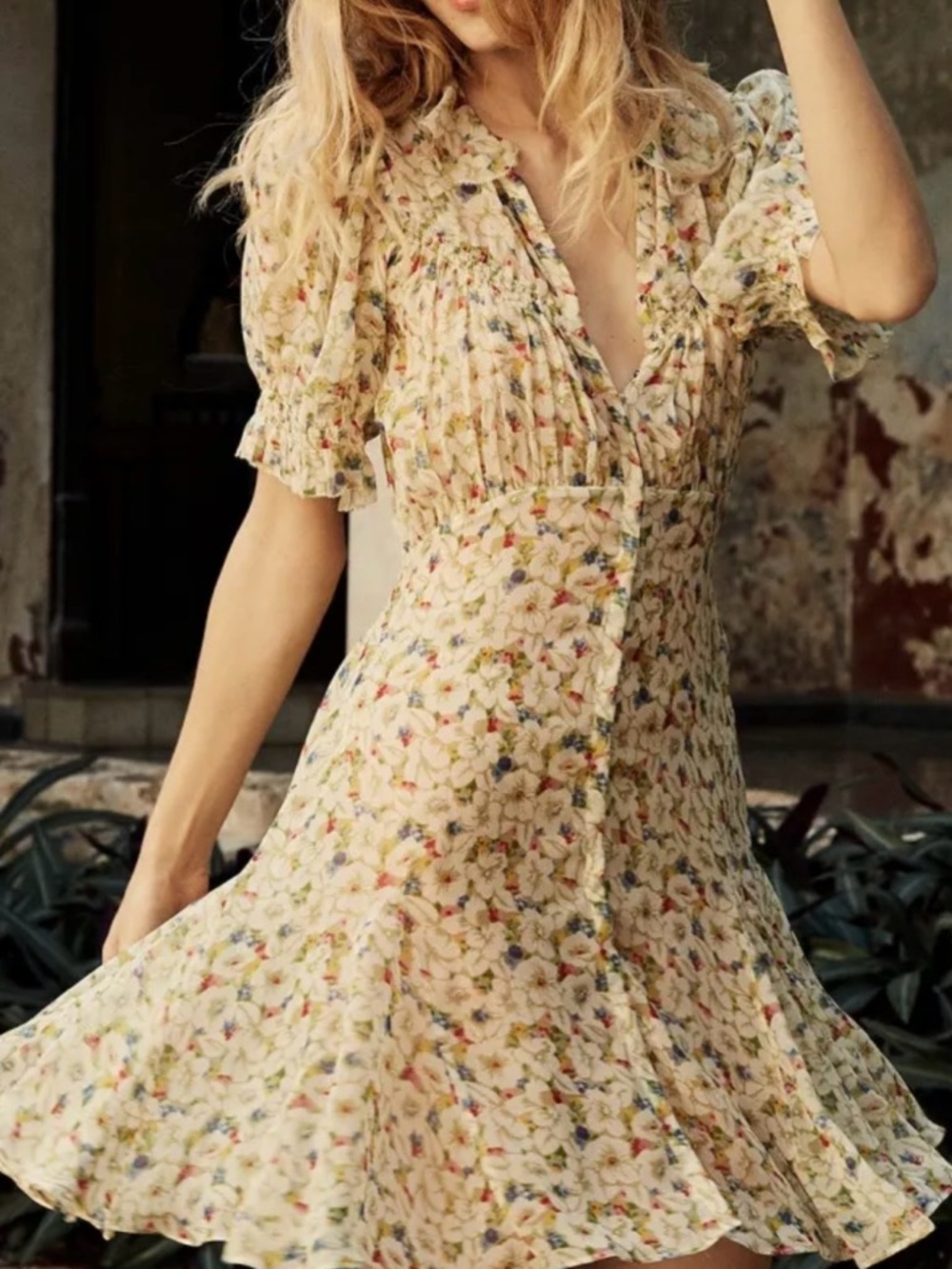 DÔEN Mira Floral Button-Front Silk Georgette Dress in Yellow Victoria